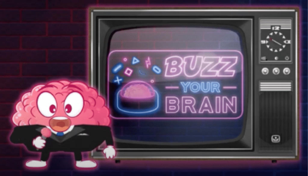 un cerveau avec un micro devant une télé